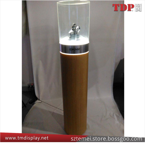 Cylinder vertical Rotating acrylic watch display stand with wooden base